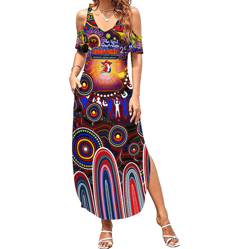 Personalised NAIDOC Week 2025 Roosters Football Summer Maxi Dress Aboriginal Dot Painting