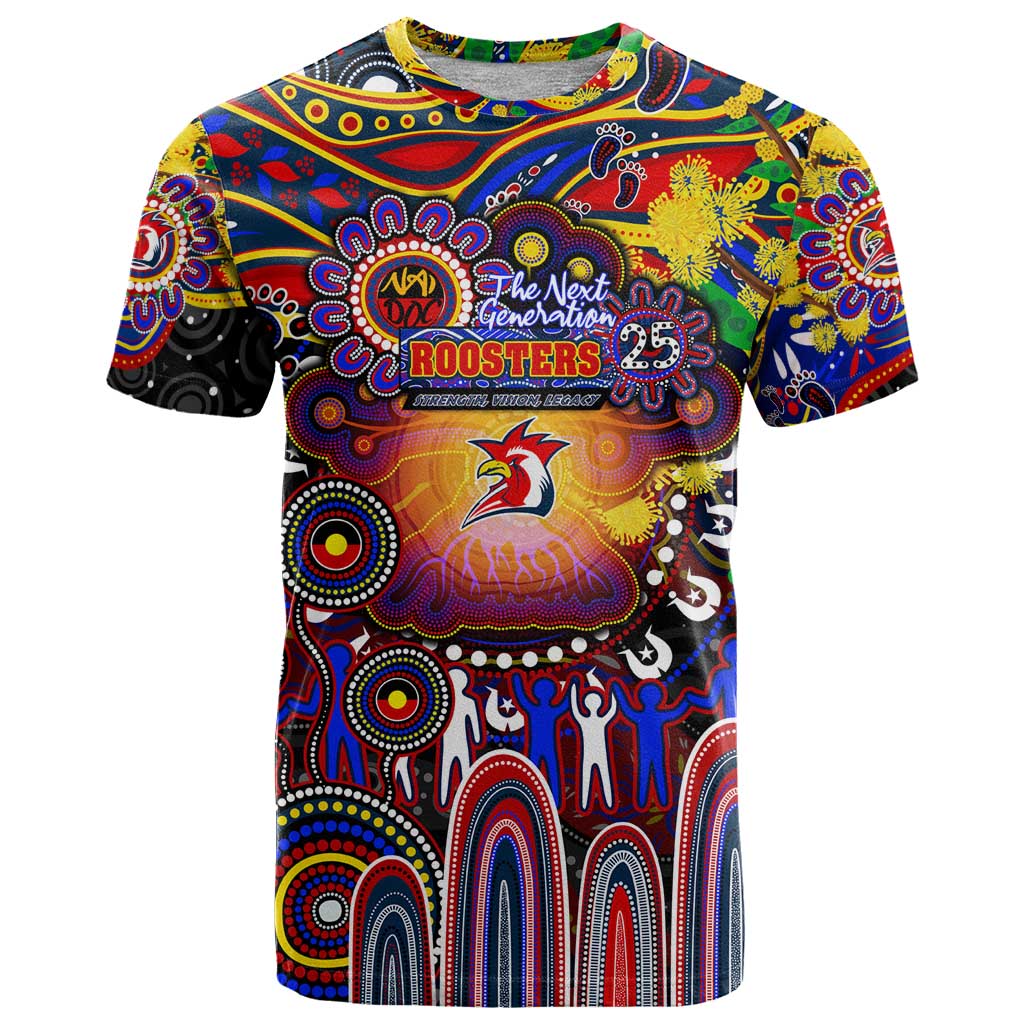 Personalised NAIDOC Week 2025 Roosters Football T Shirt Aboriginal Dot Painting