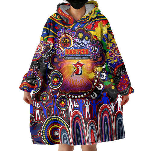 Personalised NAIDOC Week 2025 Roosters Football Wearable Blanket Hoodie Aboriginal Dot Painting