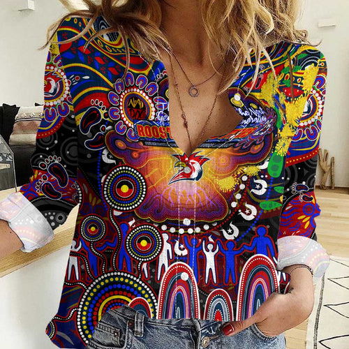 Personalised NAIDOC Week 2025 Roosters Football Women Casual Shirt Aboriginal Dot Painting