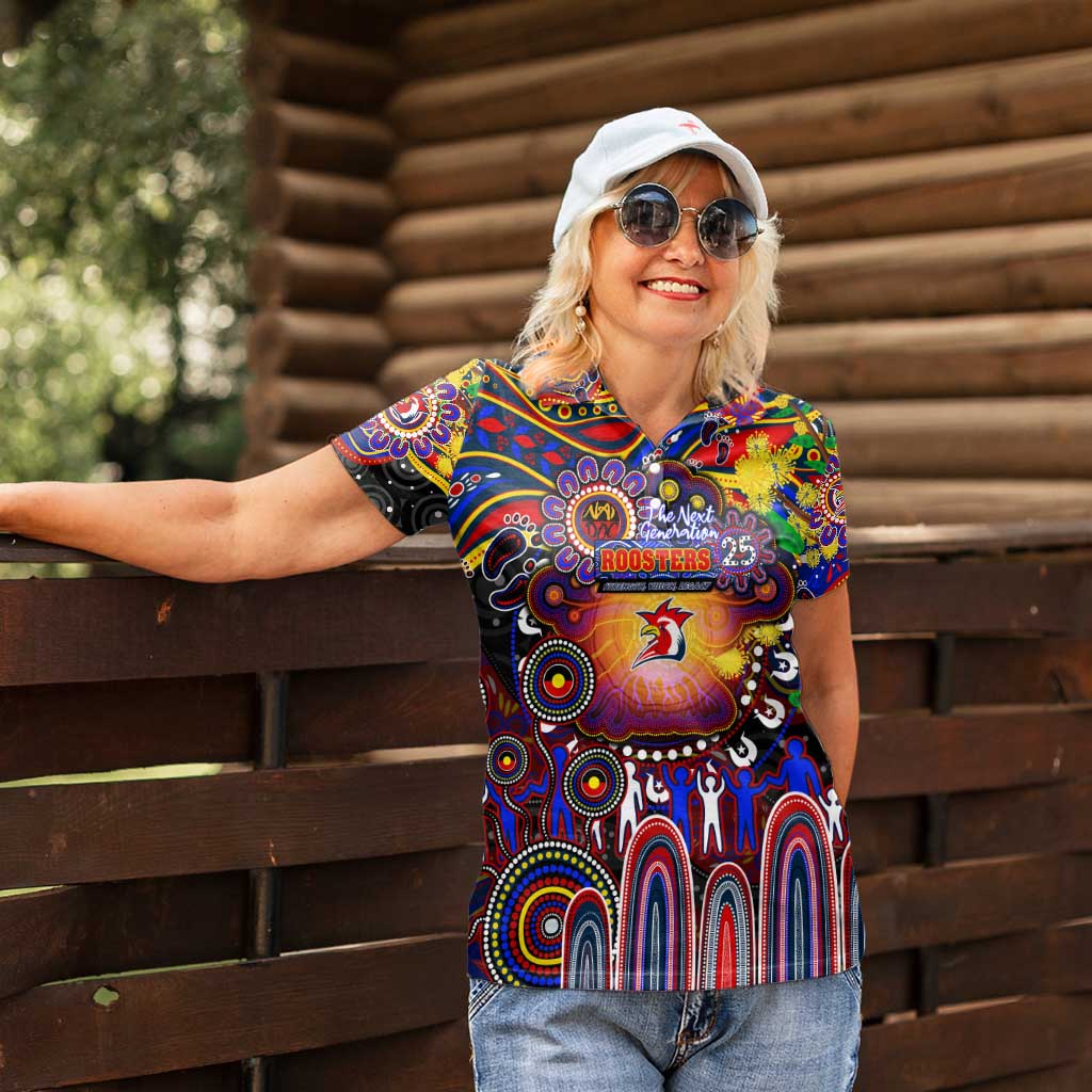 Personalised NAIDOC Week 2025 Roosters Football Women Polo Shirt Aboriginal Dot Painting