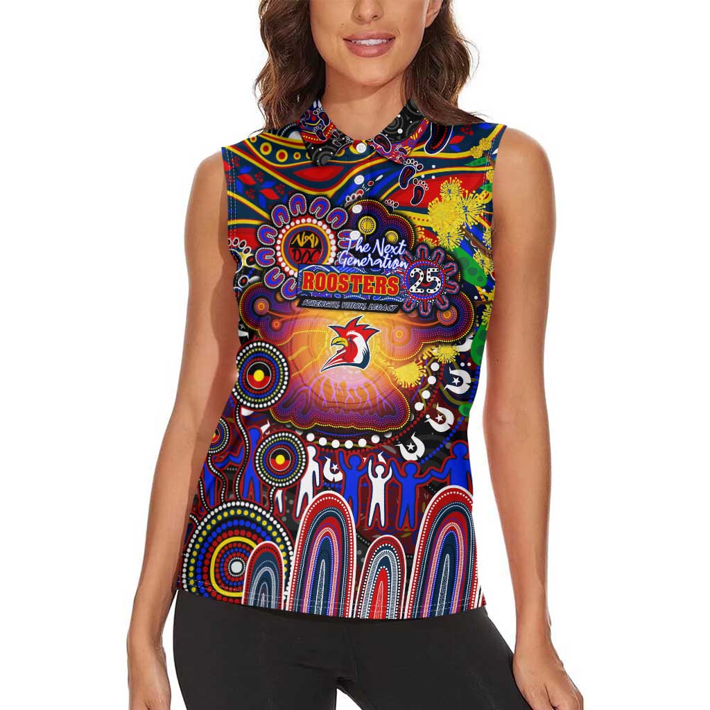 Personalised NAIDOC Week 2025 Roosters Football Women Sleeveless Polo Shirt Aboriginal Dot Painting