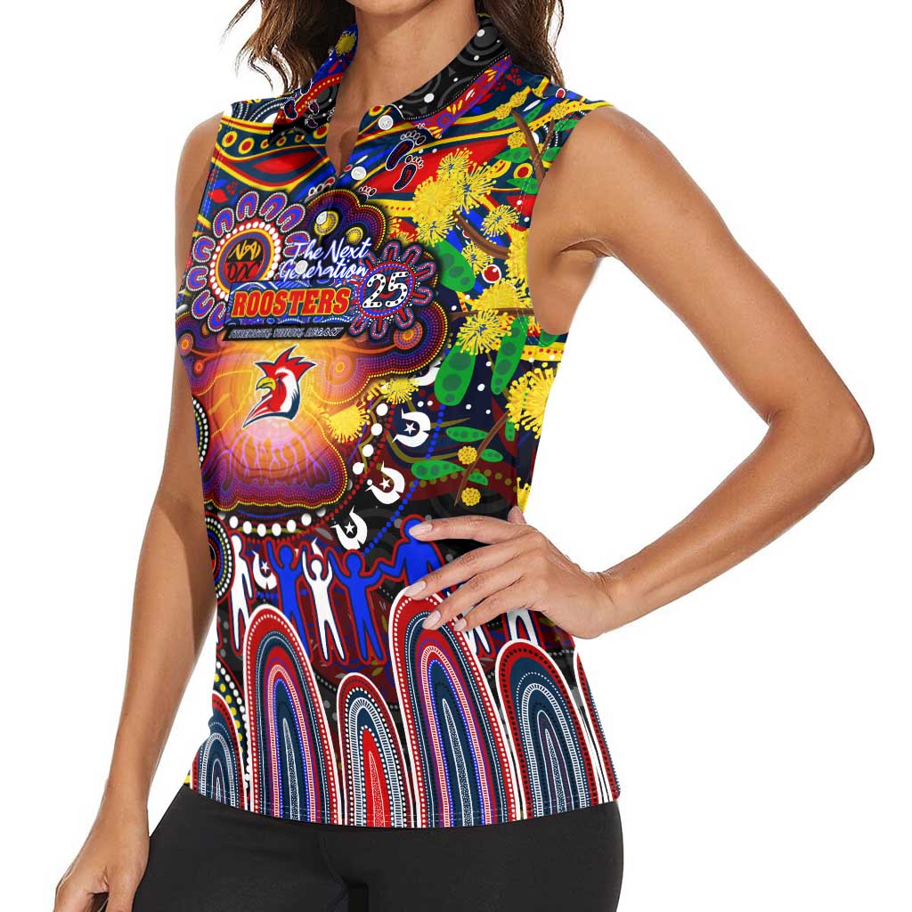 Personalised NAIDOC Week 2025 Roosters Football Women Sleeveless Polo Shirt Aboriginal Dot Painting