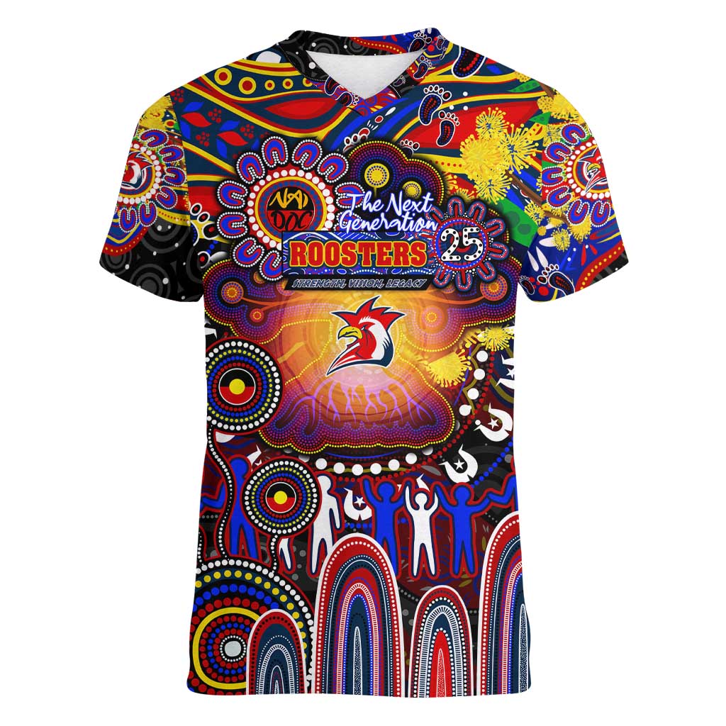 Personalised NAIDOC Week 2025 Roosters Football Women V-Neck T-Shirt Aboriginal Dot Painting