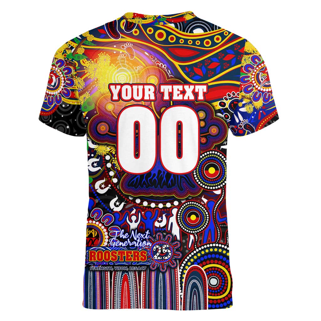 Personalised NAIDOC Week 2025 Roosters Football Women V-Neck T-Shirt Aboriginal Dot Painting