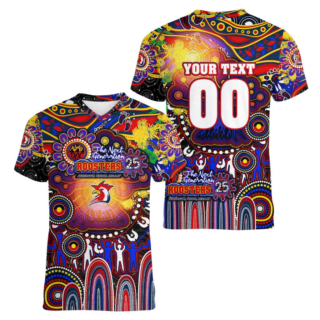 Personalised NAIDOC Week 2025 Roosters Football Women V-Neck T-Shirt Aboriginal Dot Painting