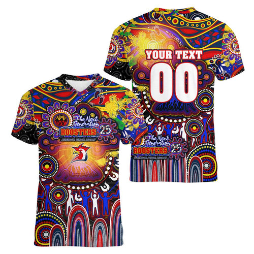 Personalised NAIDOC Week 2025 Roosters Football Women V-Neck T-Shirt Aboriginal Dot Painting