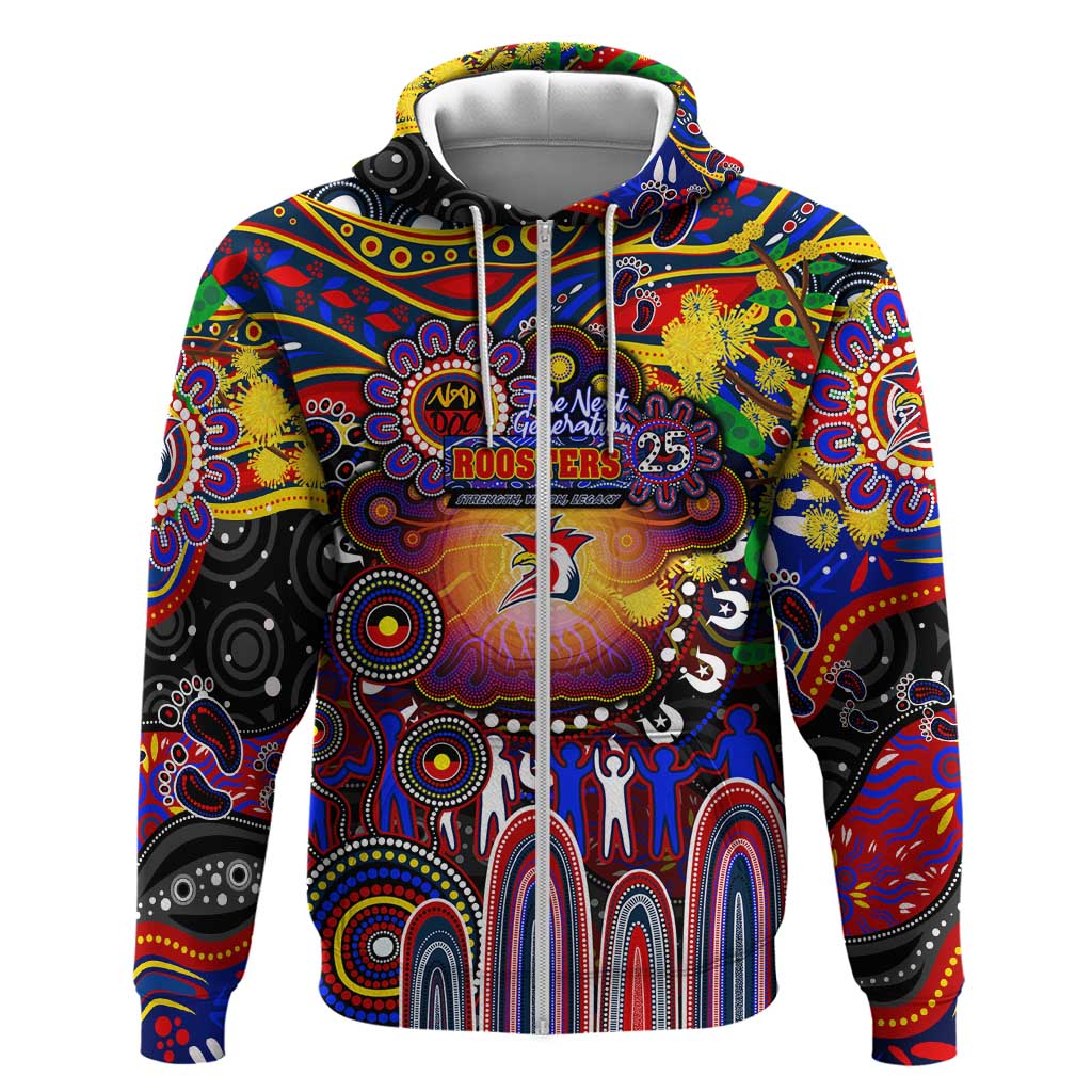 Personalised NAIDOC Week 2025 Roosters Football Zip Hoodie Aboriginal Dot Painting