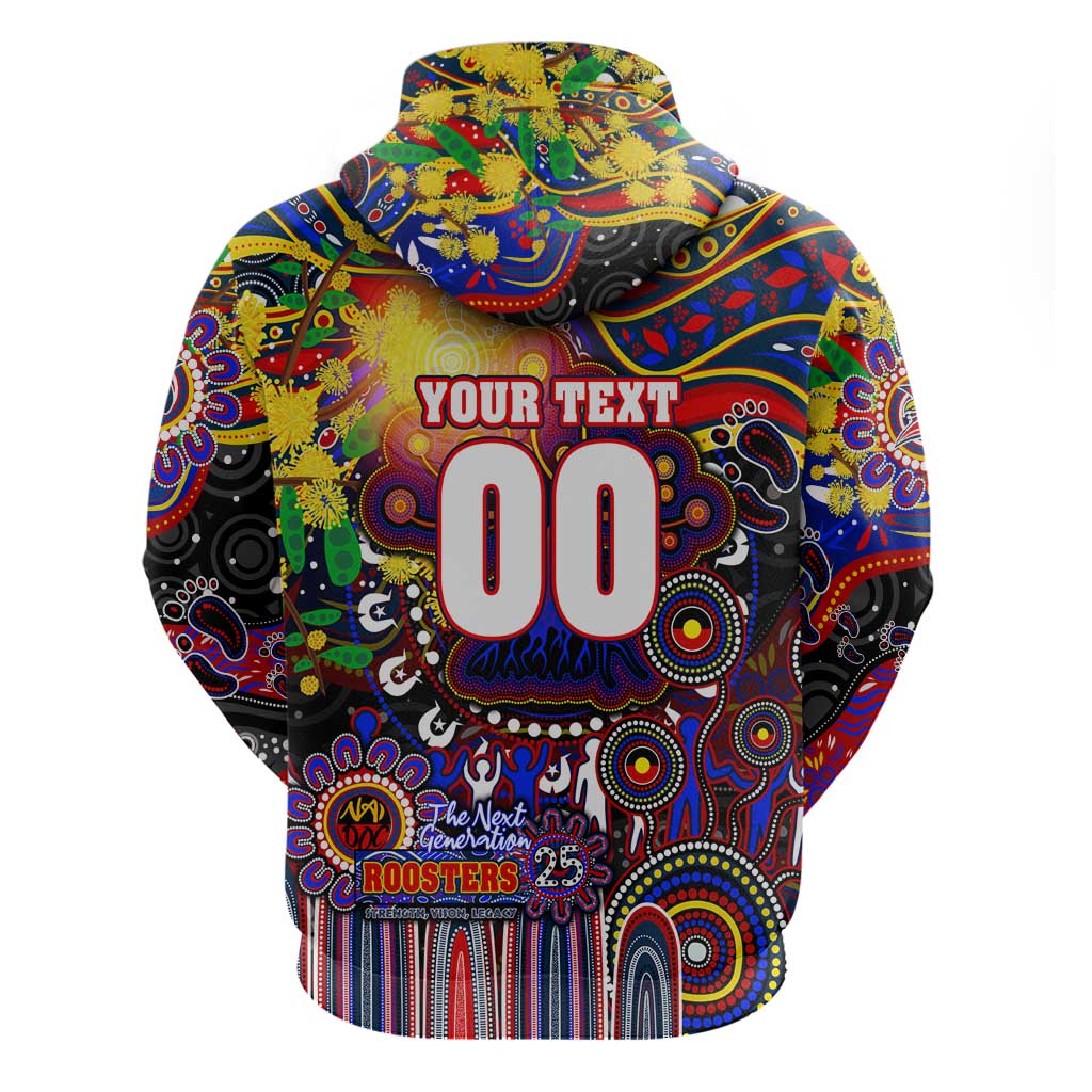 Personalised NAIDOC Week 2025 Roosters Football Zip Hoodie Aboriginal Dot Painting