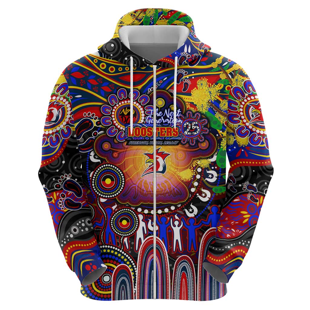 Personalised NAIDOC Week 2025 Roosters Football Zip Hoodie Aboriginal Dot Painting