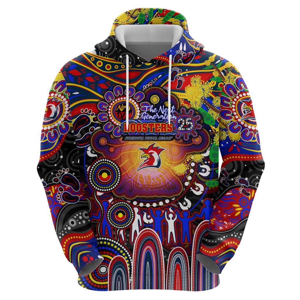 Personalised NAIDOC Week 2025 Roosters Football Zip Hoodie Aboriginal Dot Painting