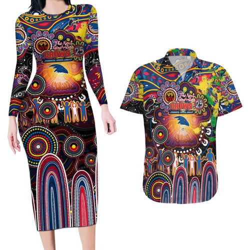 Personalised NAIDOC Week 2025 Crows Football Couples Matching Long Sleeve Bodycon Dress and Hawaiian Shirt Aboriginal Dot Painting