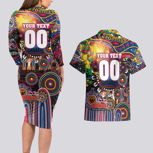 Personalised NAIDOC Week 2025 Crows Football Couples Matching Long Sleeve Bodycon Dress and Hawaiian Shirt Aboriginal Dot Painting
