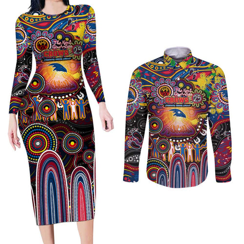 Personalised NAIDOC Week 2025 Crows Football Couples Matching Long Sleeve Bodycon Dress and Long Sleeve Button Shirt Aboriginal Dot Painting