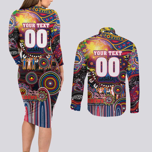 Personalised NAIDOC Week 2025 Crows Football Couples Matching Long Sleeve Bodycon Dress and Long Sleeve Button Shirt Aboriginal Dot Painting