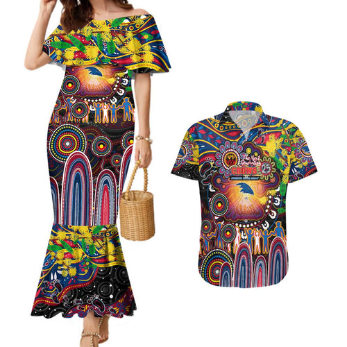 Personalised NAIDOC Week 2025 Crows Football Couples Matching Mermaid Dress and Hawaiian Shirt Aboriginal Dot Painting
