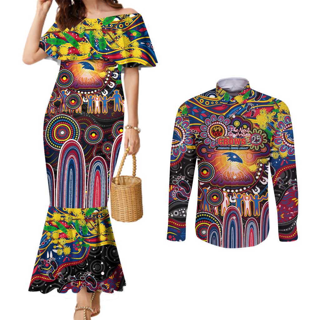 Personalised NAIDOC Week 2025 Crows Football Couples Matching Mermaid Dress and Long Sleeve Button Shirt Aboriginal Dot Painting