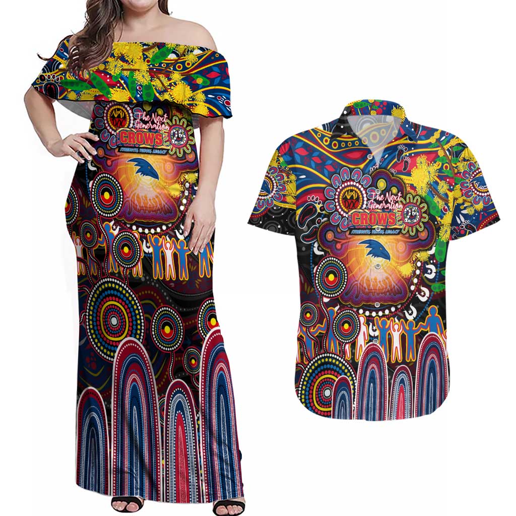 Personalised NAIDOC Week 2025 Crows Football Couples Matching Off Shoulder Maxi Dress and Hawaiian Shirt Aboriginal Dot Painting