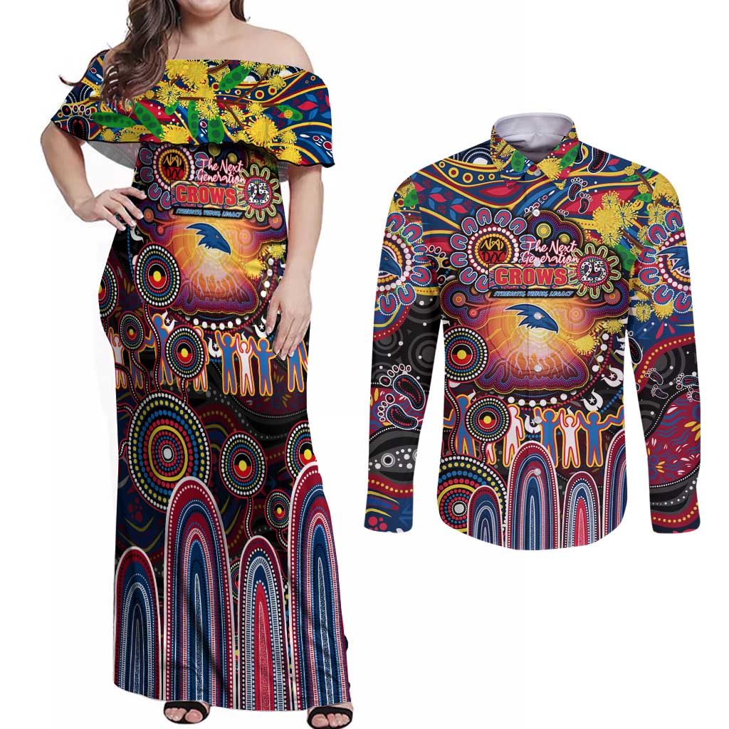 Personalised NAIDOC Week 2025 Crows Football Couples Matching Off Shoulder Maxi Dress and Long Sleeve Button Shirt Aboriginal Dot Painting