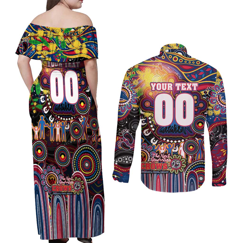 Personalised NAIDOC Week 2025 Crows Football Couples Matching Off Shoulder Maxi Dress and Long Sleeve Button Shirt Aboriginal Dot Painting