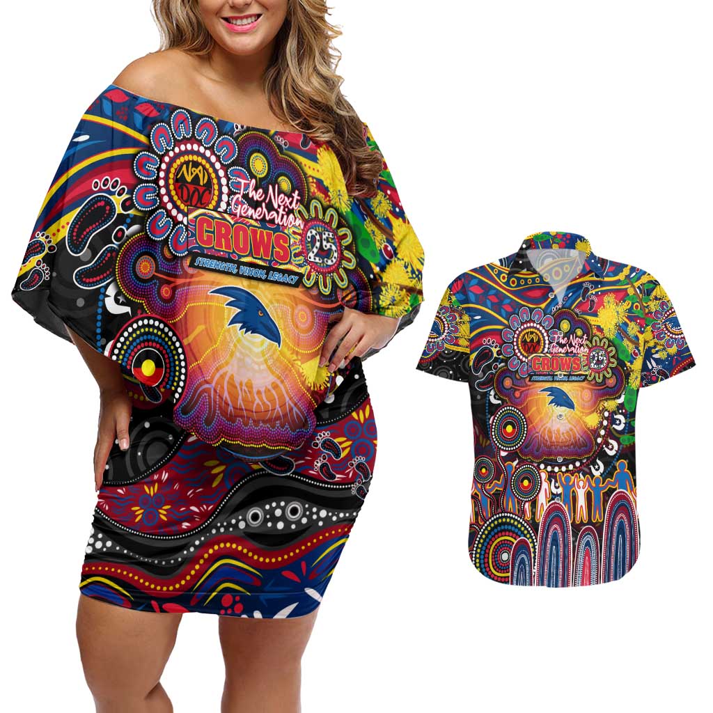 Personalised NAIDOC Week 2025 Crows Football Couples Matching Off Shoulder Short Dress and Hawaiian Shirt Aboriginal Dot Painting