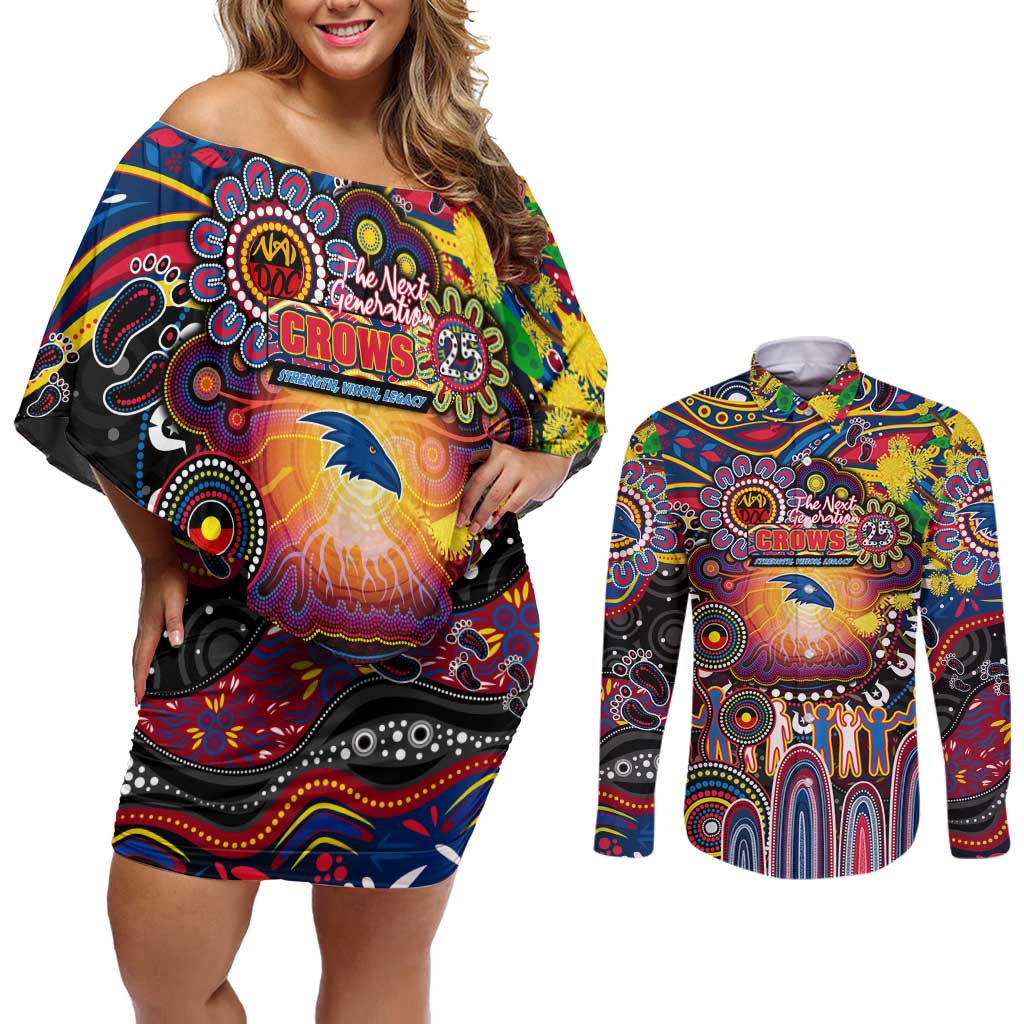 Personalised NAIDOC Week 2025 Crows Football Couples Matching Off Shoulder Short Dress and Long Sleeve Button Shirt Aboriginal Dot Painting