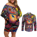 Personalised NAIDOC Week 2025 Crows Football Couples Matching Off Shoulder Short Dress and Long Sleeve Button Shirt Aboriginal Dot Painting