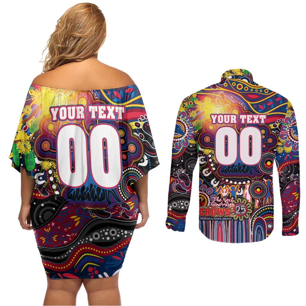 Personalised NAIDOC Week 2025 Crows Football Couples Matching Off Shoulder Short Dress and Long Sleeve Button Shirt Aboriginal Dot Painting