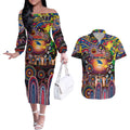 Personalised NAIDOC Week 2025 Crows Football Couples Matching Off The Shoulder Long Sleeve Dress and Hawaiian Shirt Aboriginal Dot Painting