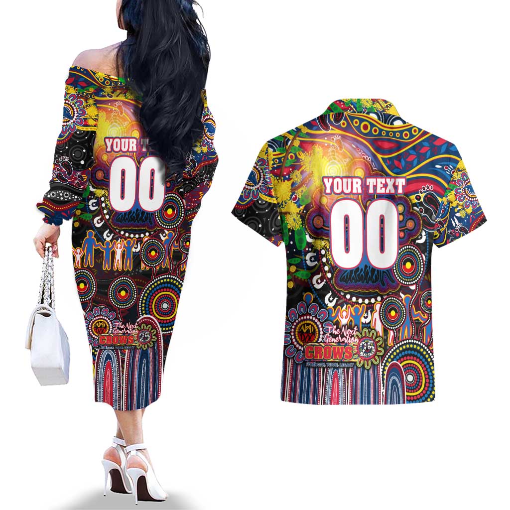 Personalised NAIDOC Week 2025 Crows Football Couples Matching Off The Shoulder Long Sleeve Dress and Hawaiian Shirt Aboriginal Dot Painting