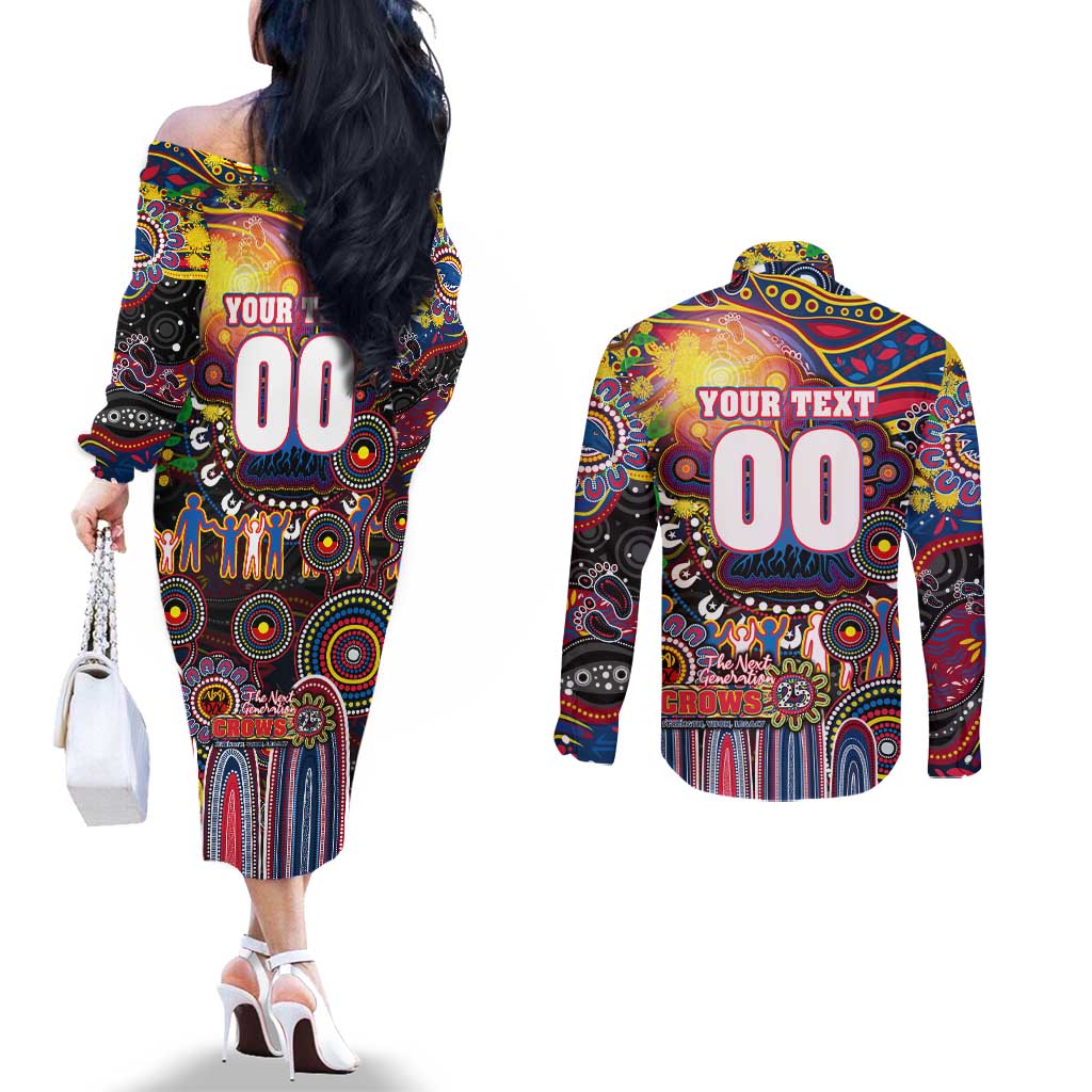 Personalised NAIDOC Week 2025 Crows Football Couples Matching Off The Shoulder Long Sleeve Dress and Long Sleeve Button Shirt Aboriginal Dot Painting