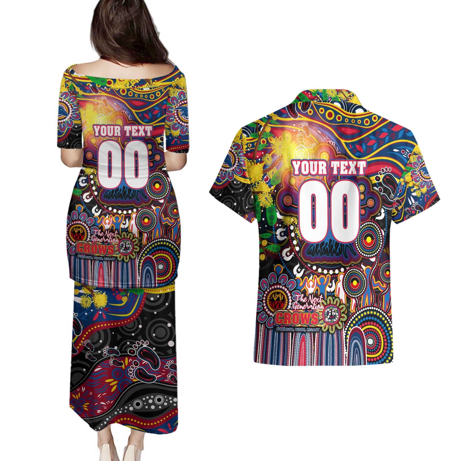 Personalised NAIDOC Week 2025 Crows Football Couples Matching Puletasi and Hawaiian Shirt Aboriginal Dot Painting