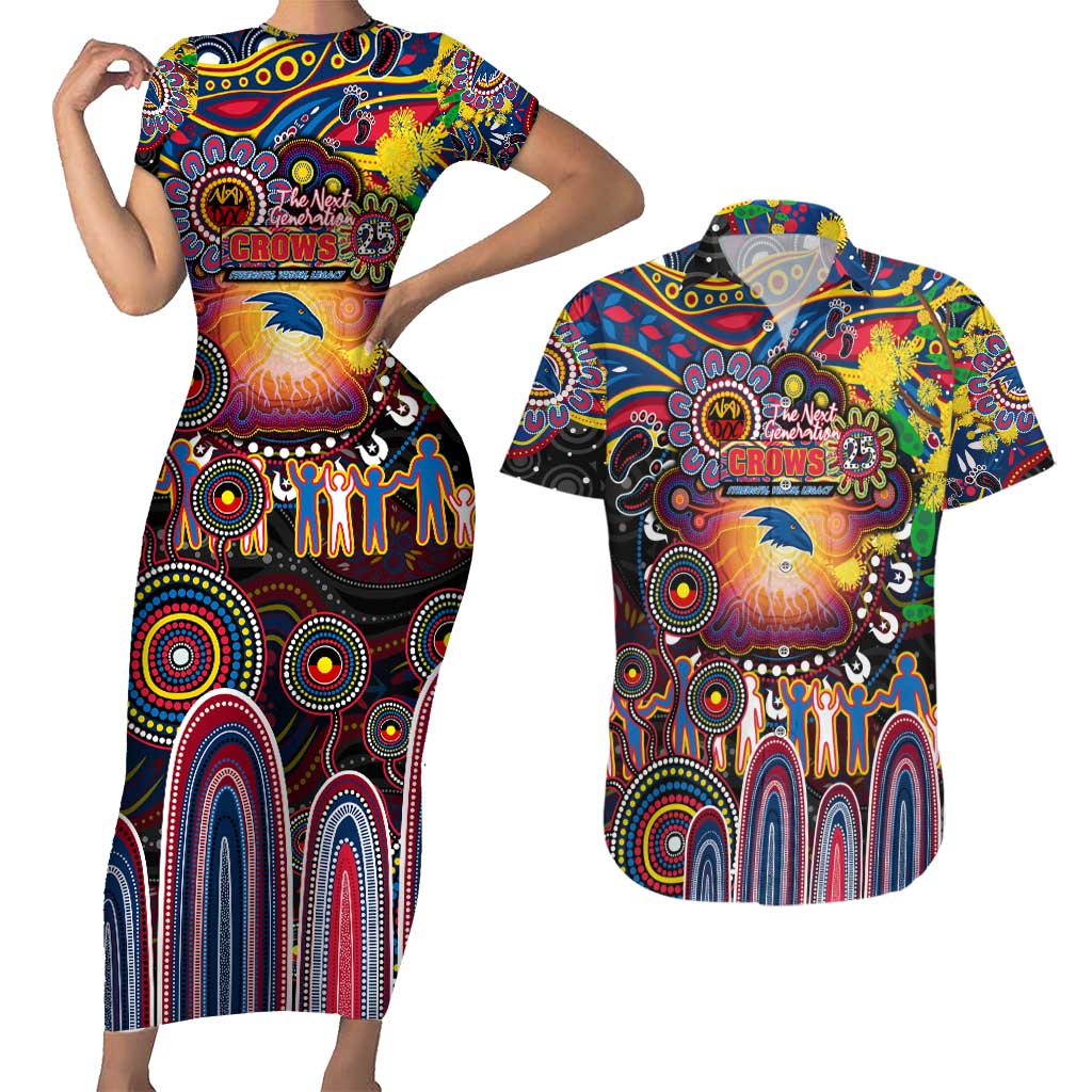 Personalised NAIDOC Week 2025 Crows Football Couples Matching Short Sleeve Bodycon Dress and Hawaiian Shirt Aboriginal Dot Painting