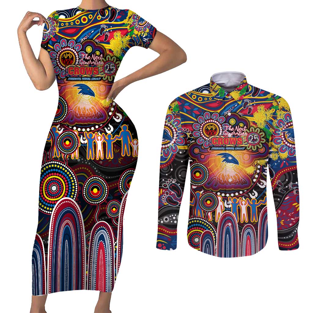 Personalised NAIDOC Week 2025 Crows Football Couples Matching Short Sleeve Bodycon Dress and Long Sleeve Button Shirt Aboriginal Dot Painting