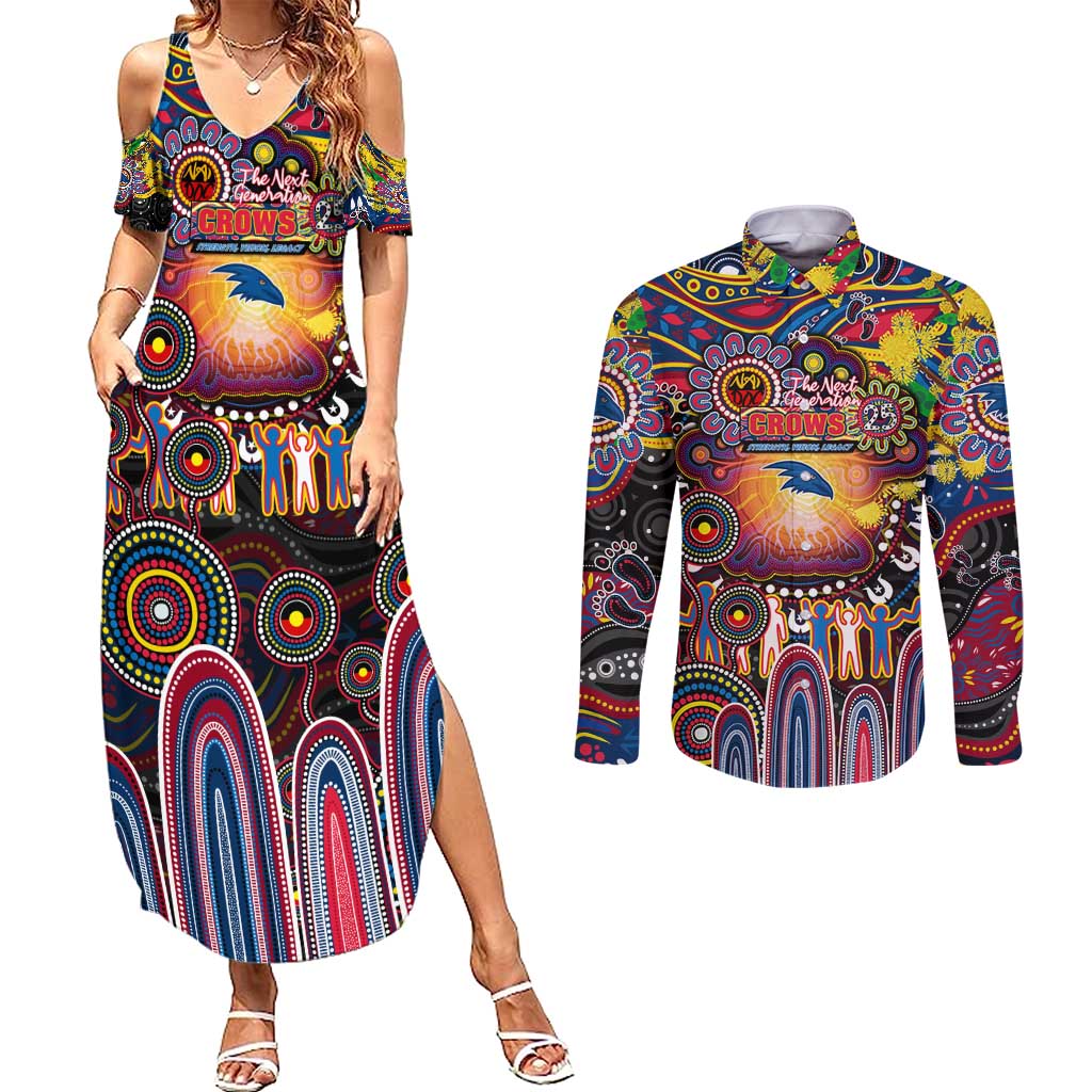 Personalised NAIDOC Week 2025 Crows Football Couples Matching Summer Maxi Dress and Long Sleeve Button Shirt Aboriginal Dot Painting