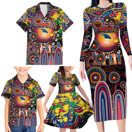 Personalised NAIDOC Week 2025 Crows Football Family Matching Long Sleeve Bodycon Dress and Hawaiian Shirt Aboriginal Dot Painting