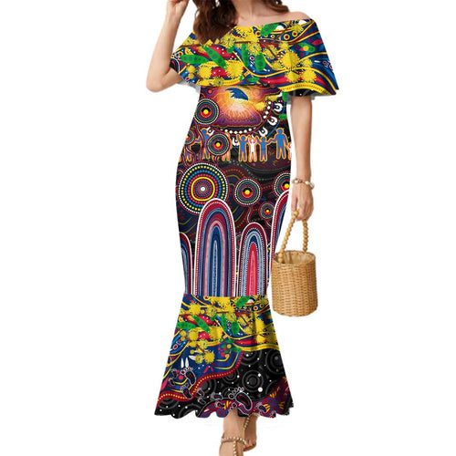 Personalised NAIDOC Week 2025 Crows Football Family Matching Mermaid Dress and Hawaiian Shirt Aboriginal Dot Painting