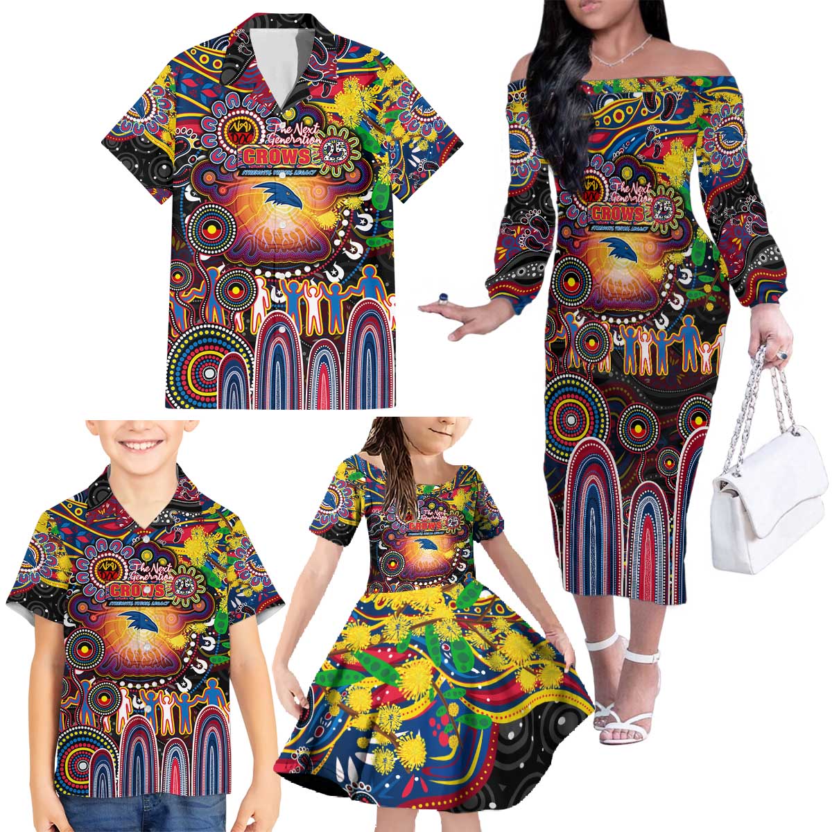 Personalised NAIDOC Week 2025 Crows Football Family Matching Off The Shoulder Long Sleeve Dress and Hawaiian Shirt Aboriginal Dot Painting