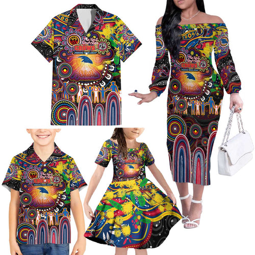 Personalised NAIDOC Week 2025 Crows Football Family Matching Off The Shoulder Long Sleeve Dress and Hawaiian Shirt Aboriginal Dot Painting