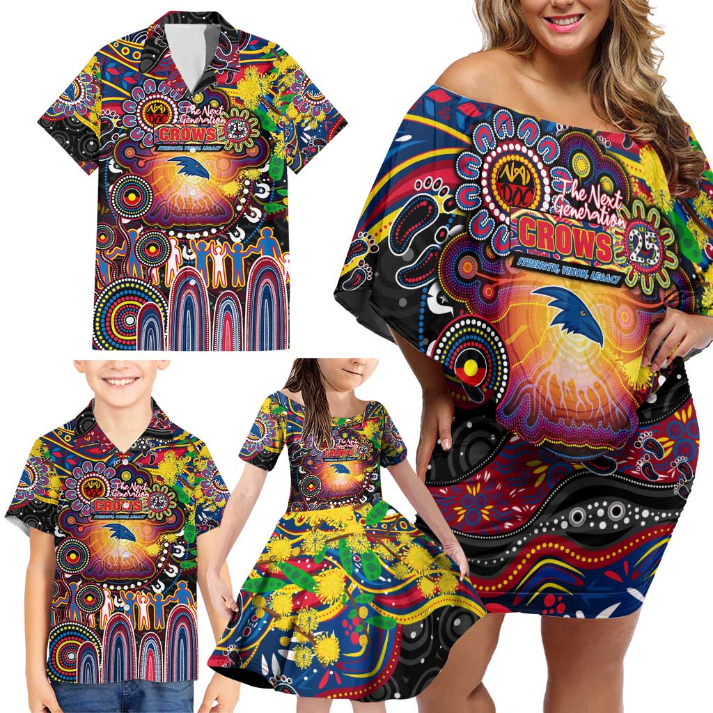 Personalised NAIDOC Week 2025 Crows Football Family Matching Off Shoulder Short Dress and Hawaiian Shirt Aboriginal Dot Painting