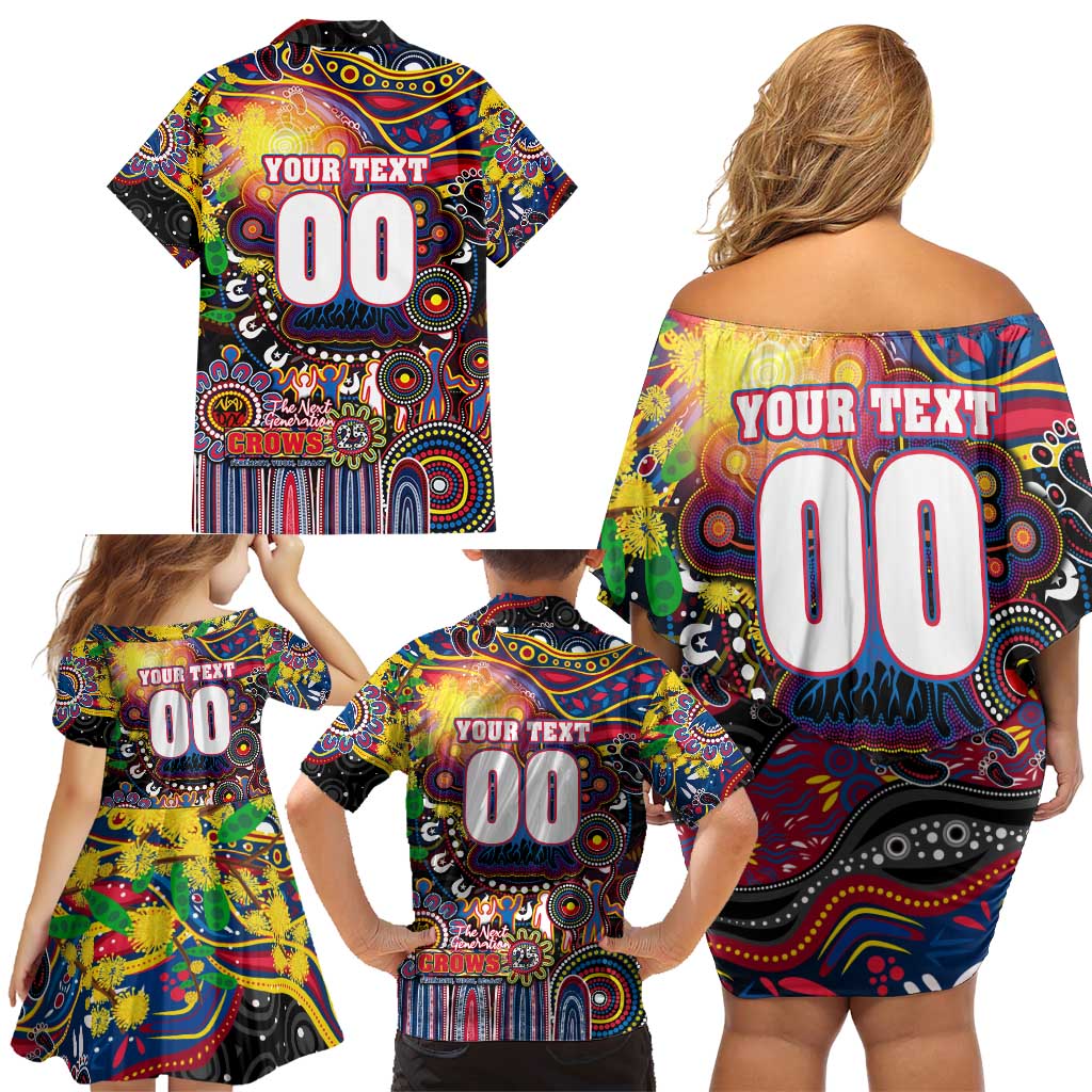 Personalised NAIDOC Week 2025 Crows Football Family Matching Off Shoulder Short Dress and Hawaiian Shirt Aboriginal Dot Painting