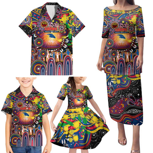 Personalised NAIDOC Week 2025 Crows Football Family Matching Puletasi and Hawaiian Shirt Aboriginal Dot Painting