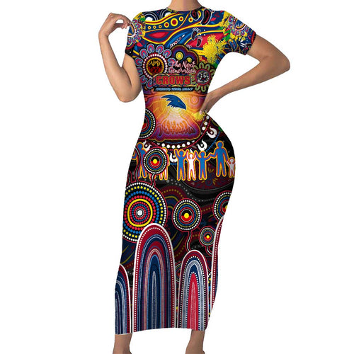 Personalised NAIDOC Week 2025 Crows Football Family Matching Short Sleeve Bodycon Dress and Hawaiian Shirt Aboriginal Dot Painting
