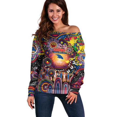 Personalised NAIDOC Week 2025 Crows Football Off Shoulder Sweater Aboriginal Dot Painting