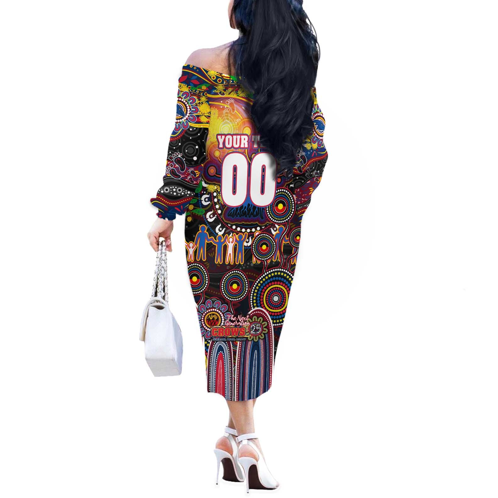 Personalised NAIDOC Week 2025 Crows Football Off The Shoulder Long Sleeve Dress Aboriginal Dot Painting