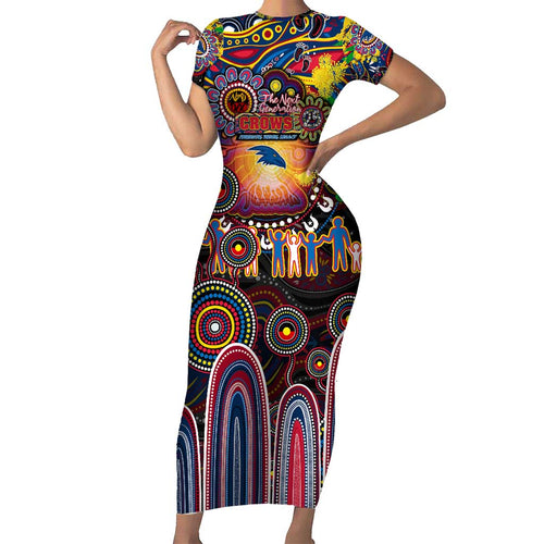 Personalised NAIDOC Week 2025 Crows Football Short Sleeve Bodycon Dress Aboriginal Dot Painting
