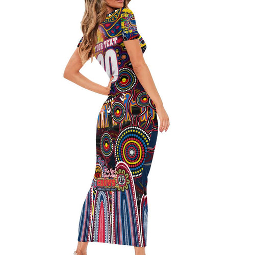 Personalised NAIDOC Week 2025 Crows Football Short Sleeve Bodycon Dress Aboriginal Dot Painting