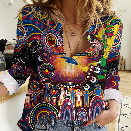 Personalised NAIDOC Week 2025 Crows Football Women Casual Shirt Aboriginal Dot Painting