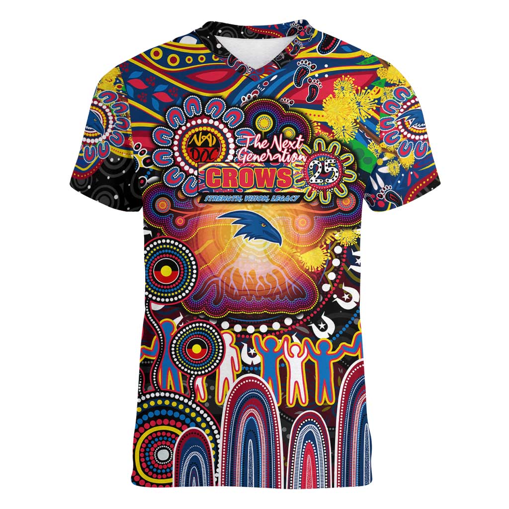Personalised NAIDOC Week 2025 Crows Football Women V-Neck T-Shirt Aboriginal Dot Painting