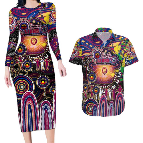 Personalised NAIDOC Week 2025 Lions Football Couples Matching Long Sleeve Bodycon Dress and Hawaiian Shirt Aboriginal Dot Painting